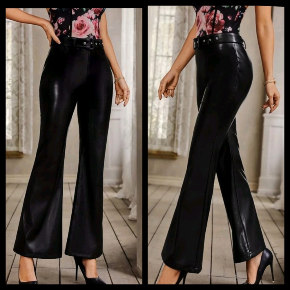 Black Vegan Leather High Waist Belted Pants Large NWOT